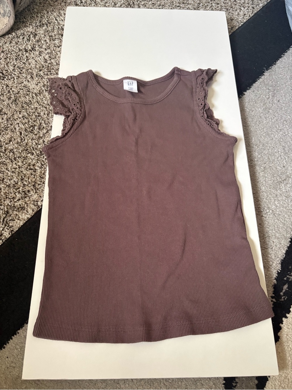 GAP Girls Ribbed Tank Top with Eyelet Ruffle Sleeves - Mauve Brown